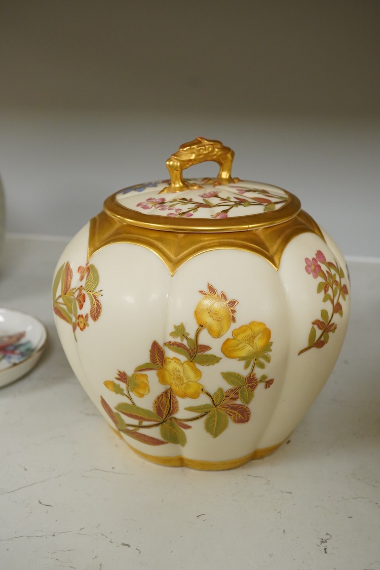 Three 19th century Worcester blush ivory potpourri or biscuit jars and covers, two with liners, each decorated with flowers and buds, largest 20cm high